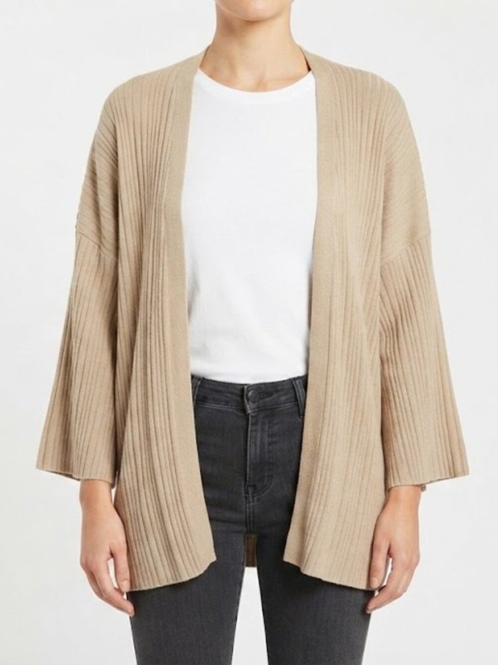 Tan Ribbed Open-Front Sweater Cardigan